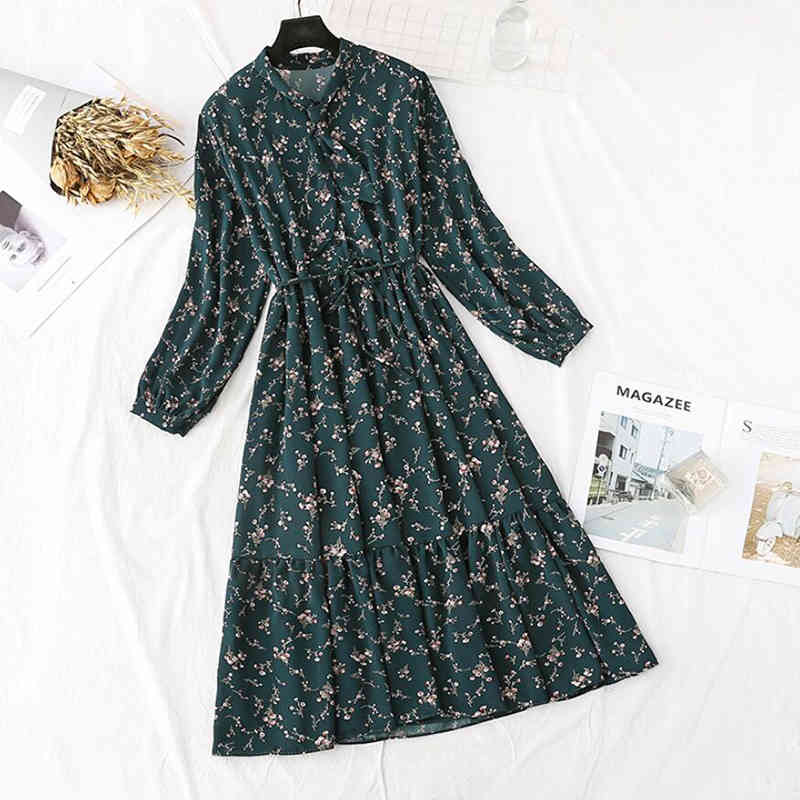Spring Vintage Printed Dress Women Long Sleeve Bow Casual Chiffon Dresses High Waist Floral A-line Long Dress Female Vestidos 210521
