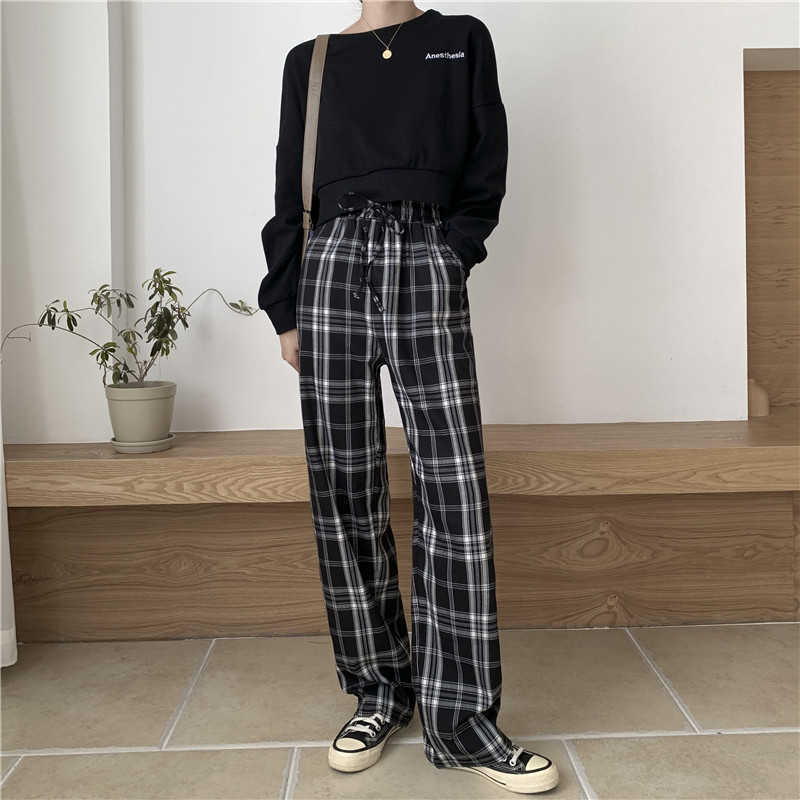 H.SA Women Spring Plaid Trousers Baggy Long Pants Lady Oversized Wide Leg Plaid Pant Casual High Waist Women Pantalon Femme 210716