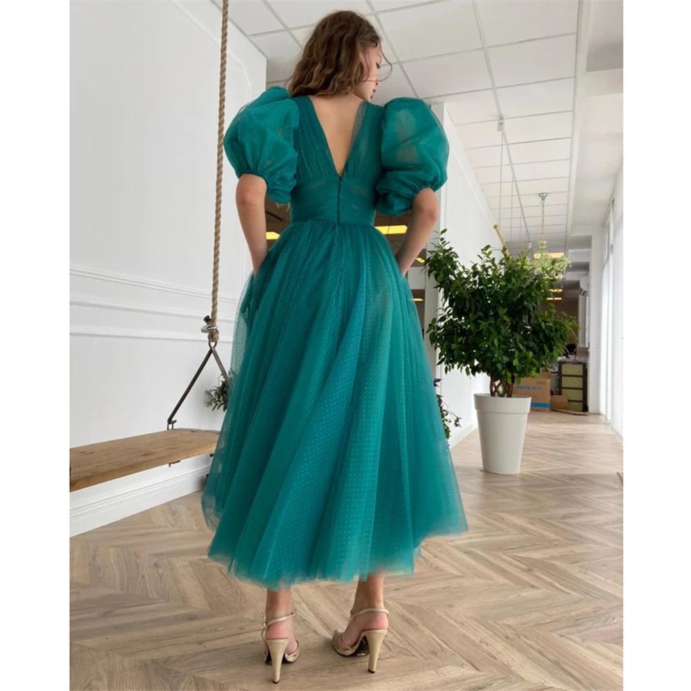 Prom Teal Vintage Dree With Pocket Short Sleeve Deep V Neck Cutom Made A Line Tea Length Plu Size Evening Party Gown Formal Ocn Wear Vetido