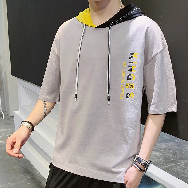 Summer Men Tshirt Casual Tops Tee Shirts Patchwork Loose Hooded Male Streewear Hoodie Half Sleeve T-shirt Pullover Clothing 210603