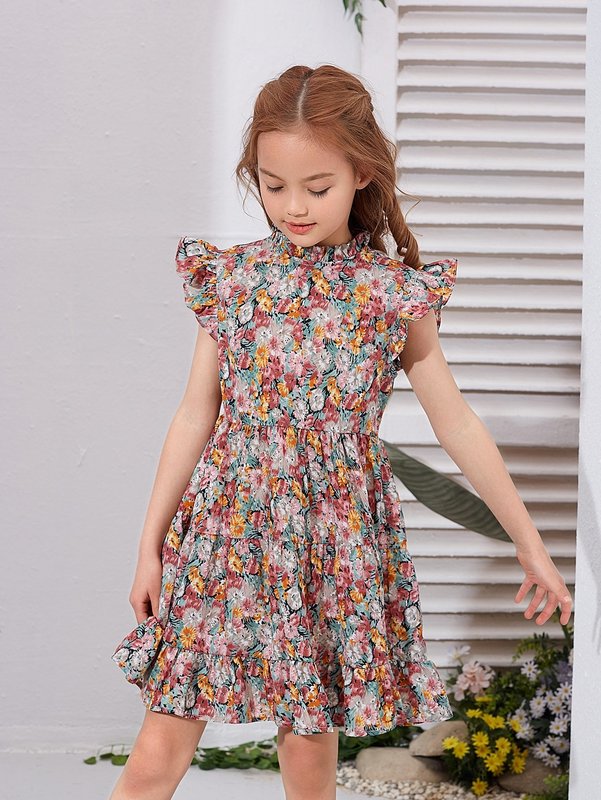 Girls Mock Neck Butterfly Sleeve Allover Floral Dress SHE