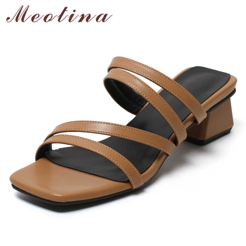 

Meotina Women Slippers Shoes Narrow Band Med Heel Sandals Chunky Heel Slides Square Toe Lady Footwear Summer Black Size 33-43 210608, Beige