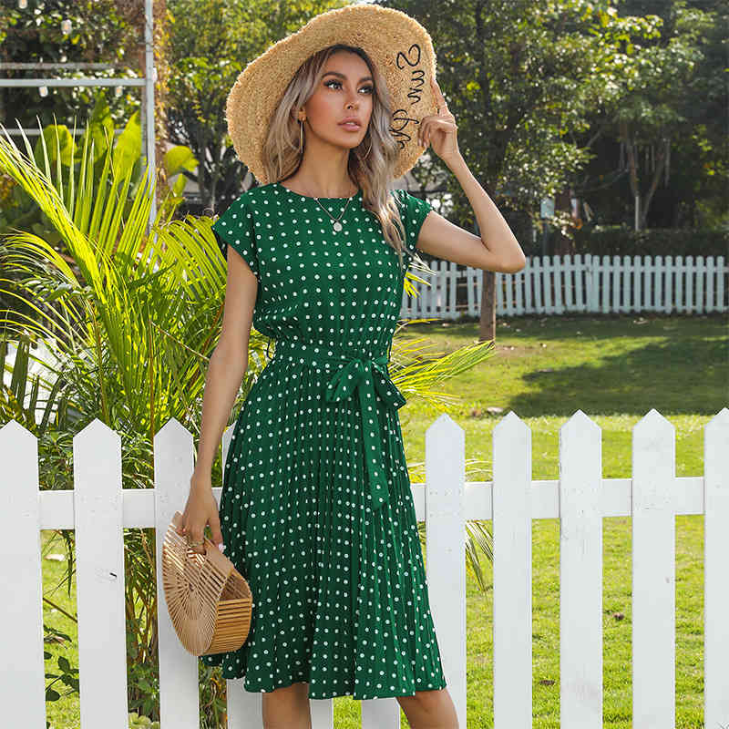 Summer Beach Woman Dress Fashion Print Polka Dot Casual Pleated Midi Dresses For Women Vacation Elegant Ladies Sundress 210409