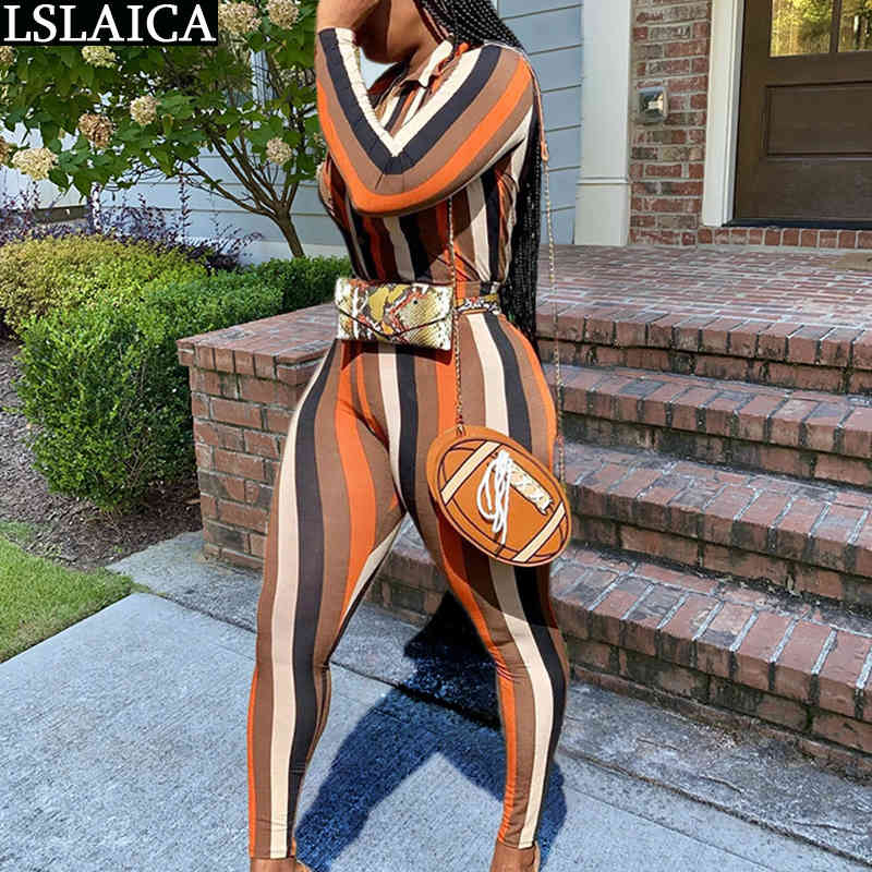 Two Piece Set Women Turn-down Collar Single Breasted Office Lady Elastic Waist Outfits Striped Printing Clothes 210515