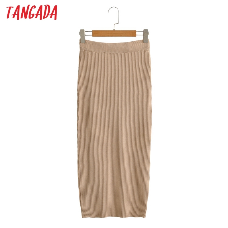 Women Elegant Knit Midi Skirt Faldas Mujer Vintage Strethy Waist Ladies Chic Mid Calf Skirts AI45 210416