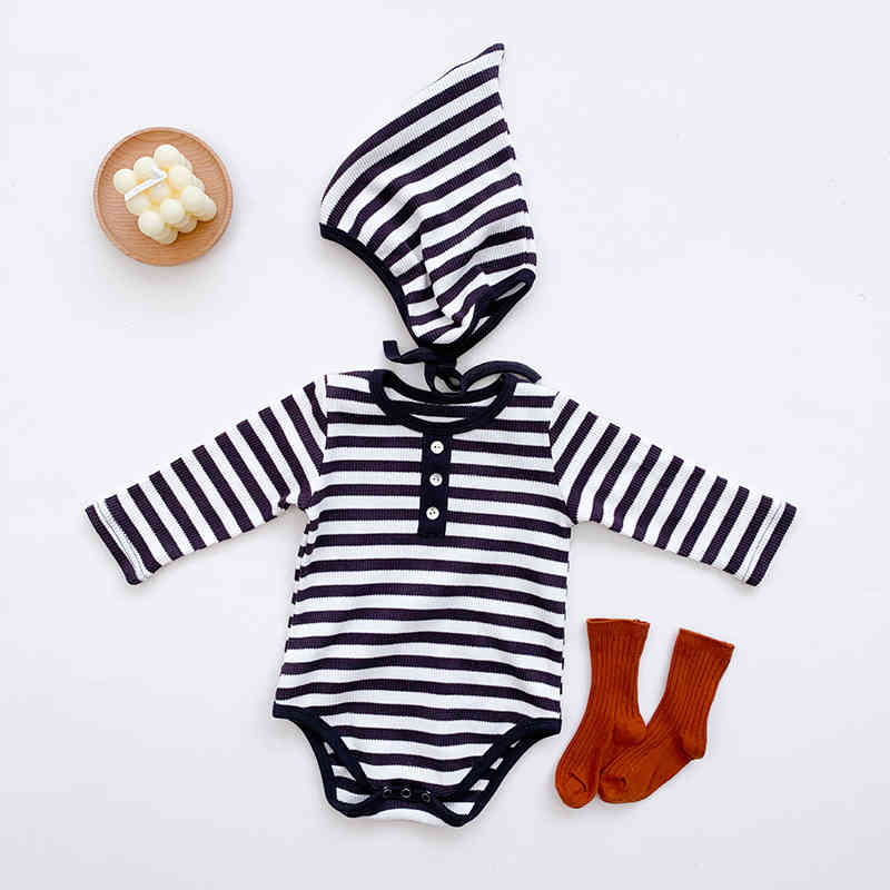 Autumn Winter born Infant Baby Boys Girls Stripe Rompers + Hat Clothing Kids Boy Girl Long Sleeve Clothes 210429