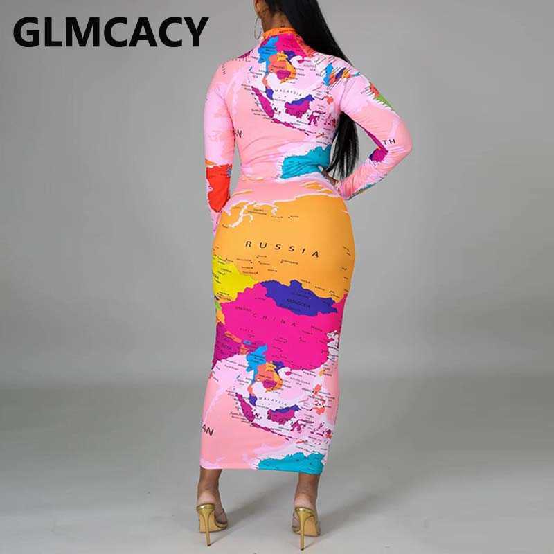 Women World Map Printed Slim Maxi Dress Elegant Long Sleeve Evening Party Pencil Long Dresses Robe 210702