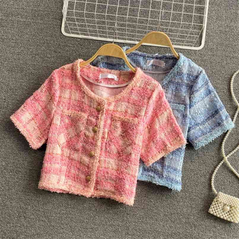 French Elegant Ladies Small fragrant Style Tweed Jacket Women's Summer Pink/Blue Short Sleeve Thin Coat Outwear 210602
French Elegant Ladies Small fragrant Style Tweed Jacket Women's Summer Pink/Blue Short Sleeve Thin Coat Outwear 210602