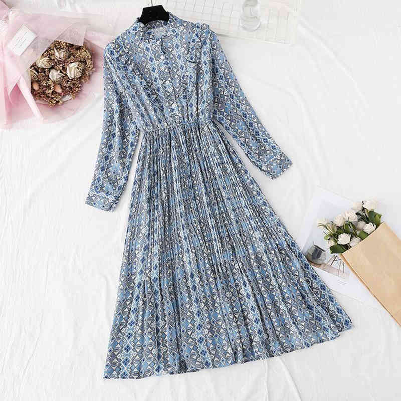 Korean Spring Print Women Chiffon Dress Vintage Long Sleeve Mid-Calf Party Dress Button Ruffles Vestidos Sweet Clothing 210521