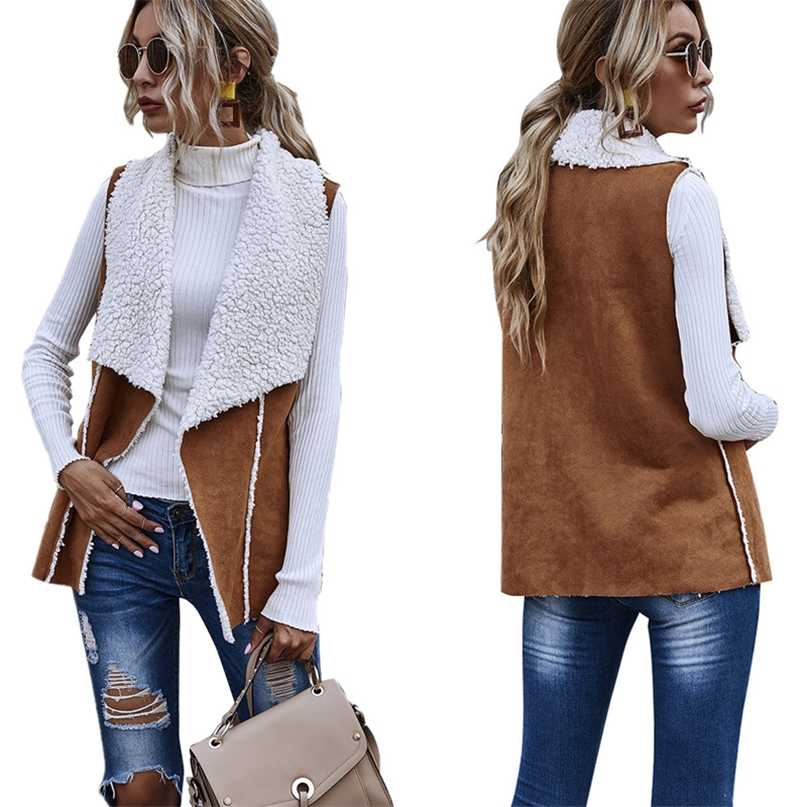 Casual Two Ways Wear Big Lapel Waistcoat Fashion Sleeveless Simple Stitching Lamb Wool Vest Women Autumn Winter Coat Suede Tank 211120