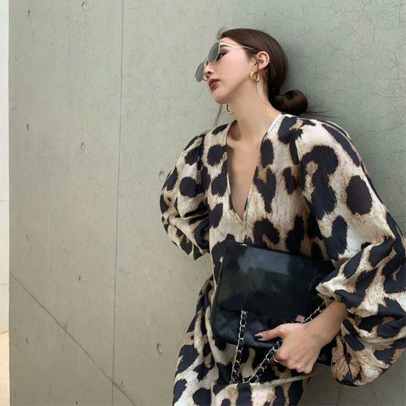 Casual Dresses Vintage Women Leopard Print Dress Loose V-Neck Three-Quarter Sleeve Maxi Korean Clothing Female Robe Fashion Vestidos