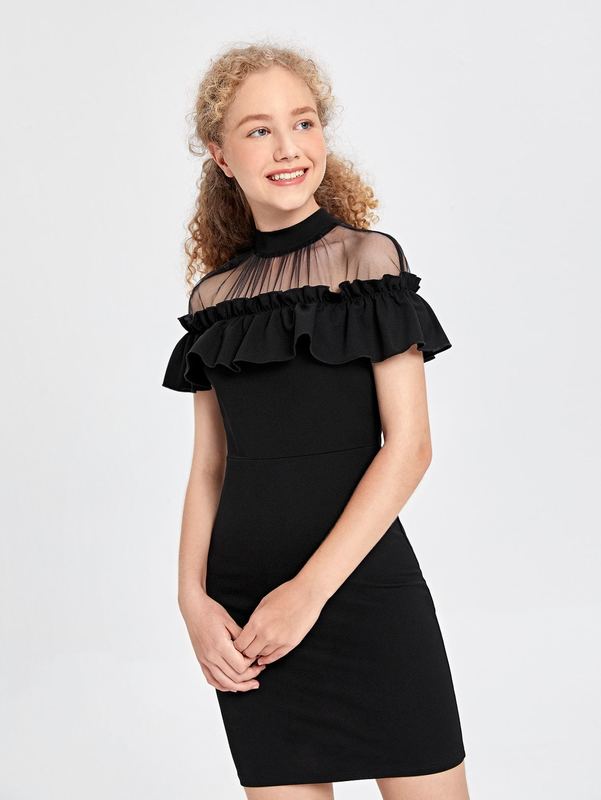 Teen Girls Frill Contrast Mesh Ruffle Fitted Dress SHE