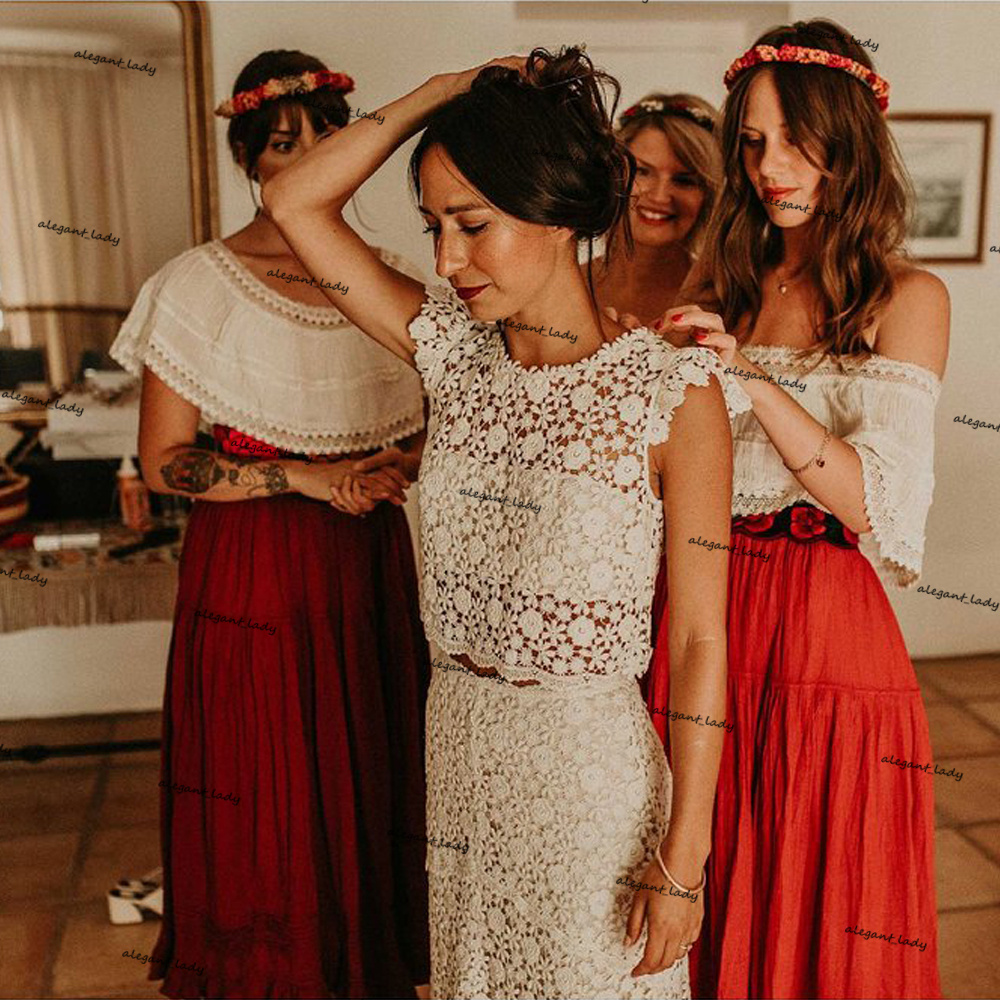 Vintage Crochet Cotton Lace Wedding Dresses Crop Top Bohemian Country Beach Two Pieces Bridal Dress vestido de fiesta de boda