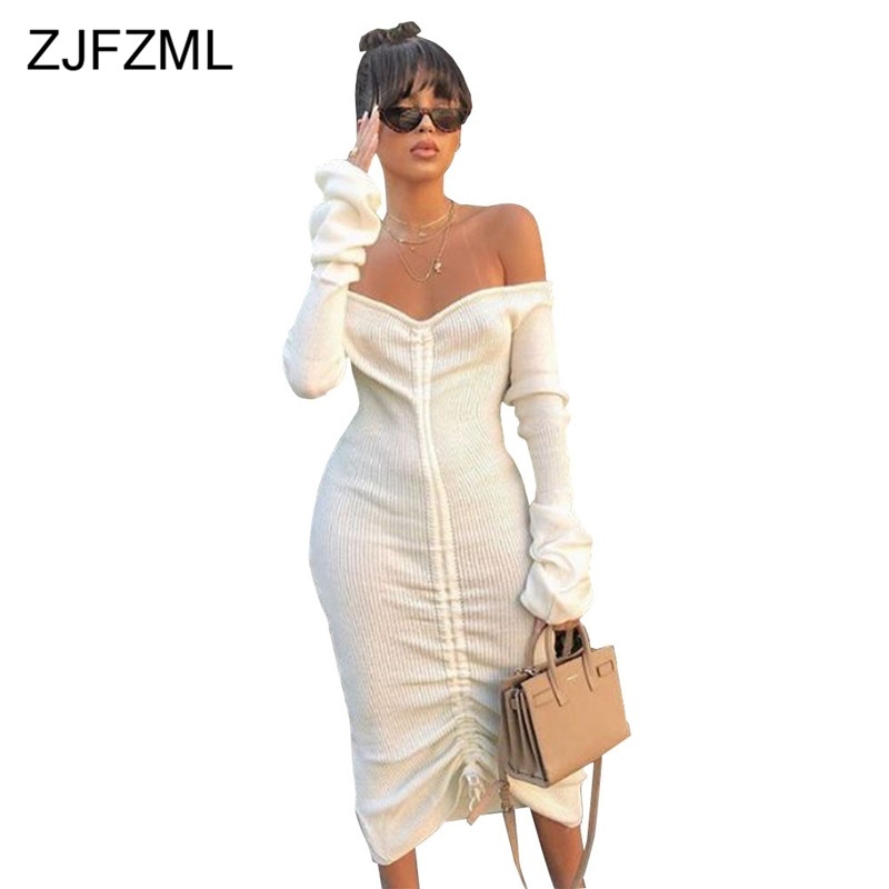 Front Drawstring Sexy Bandage Dresses Women White Slash Neck Long Sleeve Club Party Dress Autumn Winter Off Shoulder Maxi Dress 210409