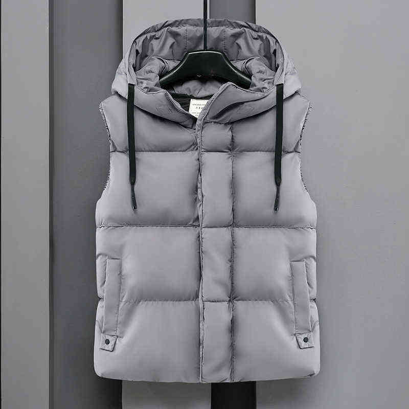 Autumn Winter Men's Casual Hooded Vest Solid Sleeveless Jacket Male Thick Warm Waistcoat Zipper vests with pockets Outerwear 211111
