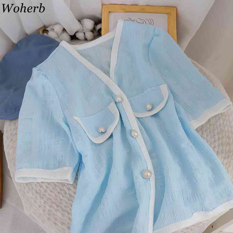 Summer Thin Blouse Women Shirts V Neck Short Loose Cardigan Tops Vintage Korean Chic Single Breasted Blusas Mujer 210519