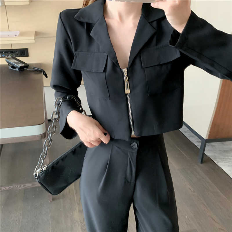 vetement femme Casual Two Piece Set Women Crop Top Vintage Blazers Coat & Pants Suits 2 piece sets outfits clothing 210930