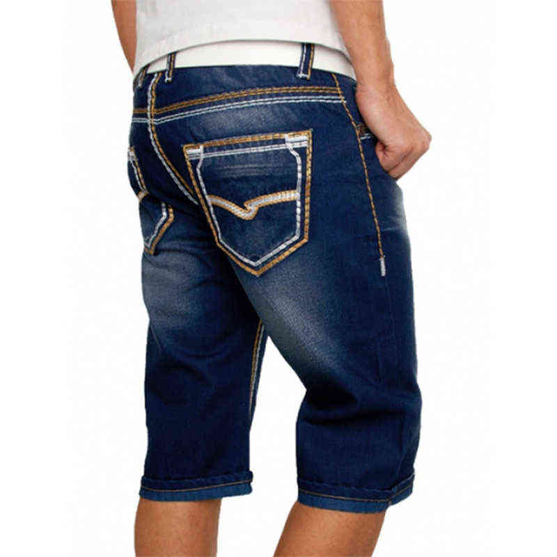Men Jeans Shorts Summer Casual Straight Denim Shorts Streetwear Male Loose Knee Length Loose Jean Pants Black Blue Pocket 211120