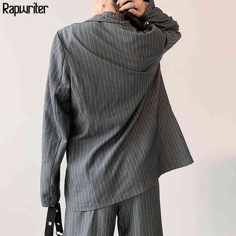 Rapwriter Streetwear Striped Blazer And Straight High Waist Suit Pant Two Piece Suit Set Women Outfits Trend Clothes Female 210331