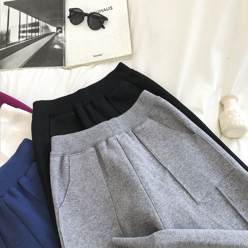 Nomikuma Knitted Harem Pants Autumn Winter Sweater Trousers Korean Causal Solid Pockets Women Ankle-length Pants 6C967 210427