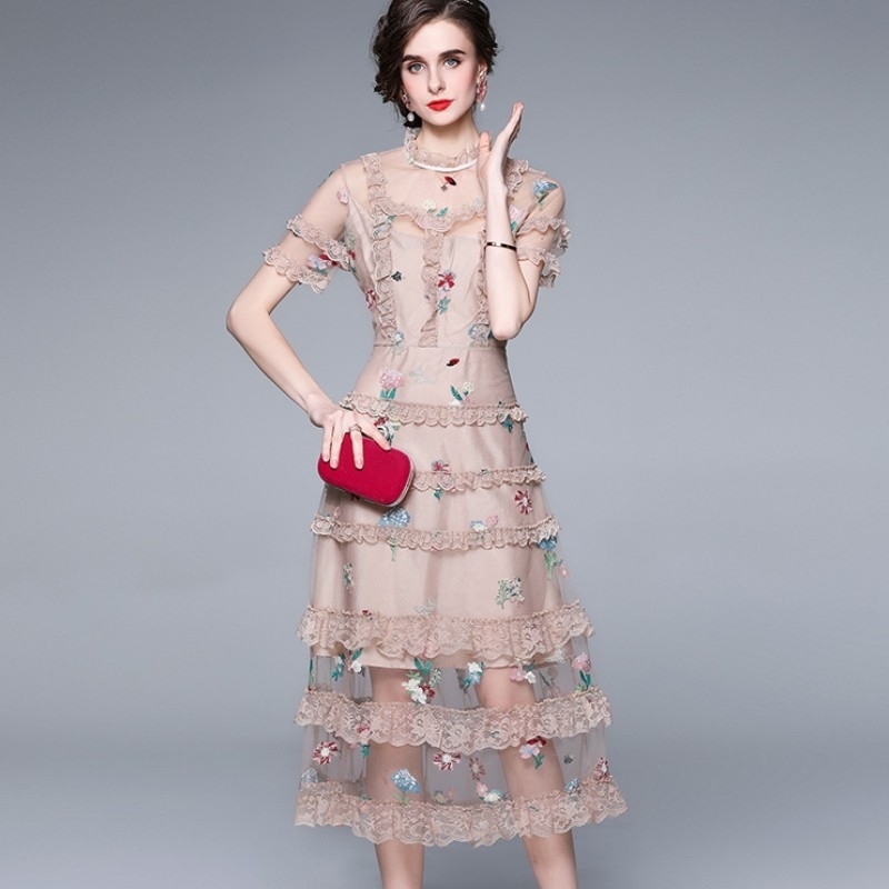 Summer Women Lace Patchwork Mesh Embroidery Ruffles Cake Dresses Retro Stand Collar Short Sleeve Boho Sweet Long Dress 210519