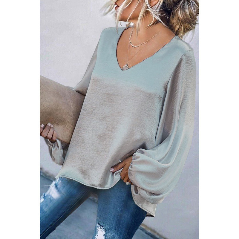 Women's Tops Tees 2021 European and American long-sleeved loose V-neck solid color top