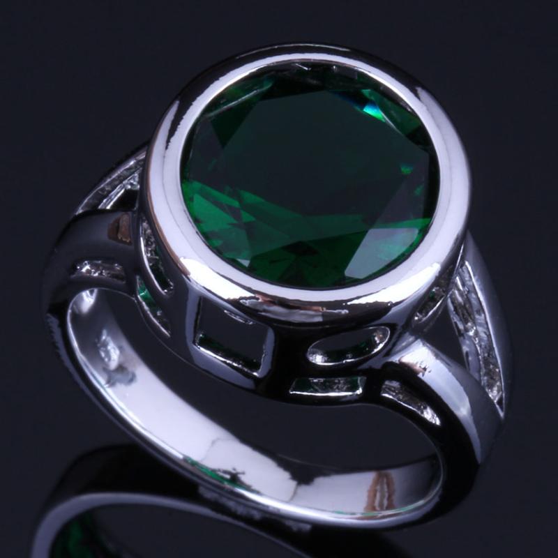 Cluster Rings Pretty Round Green Cubic Zirconia Silver Plated Ring V0451