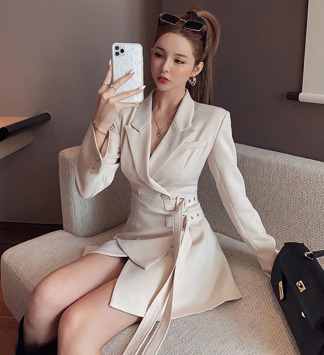 Spring Blazer Women Mini Party Dress Office Lady Elegant Female Korean Sashes Long Sleeve Slim Vestidos 210519