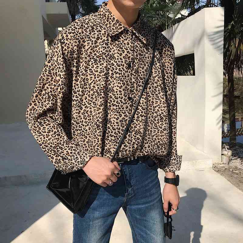 IEFB Men's Wear Fashin Leopard Print Long Sleeve Shirt Spring Summer Korean Loose Oversize Blouse Tops For Male 9Y6099 210524