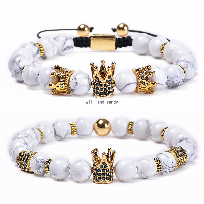 Natural Stone Howlite beads Bracelet Copper Zircon Diamond Crown Bracelets Braided women men fashion jewelry will and sandy, Black
Natural Stone Howlite beads Bracelet Copper Zircon Diamond Crown Bracelets Braided women men fashion jewelry will and sandy, Black