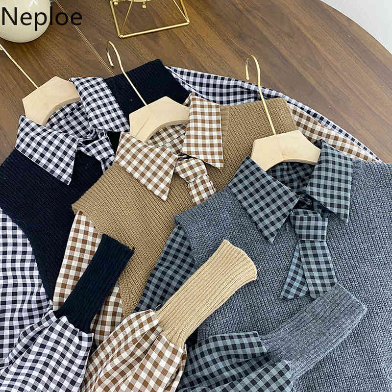 Neploe Two Piece Outfits for Women Fall Clothes Plaid Dress Knitted Sweater Vest Korean Fashion Suit Ropa Mujer 2 Piece Set 210422