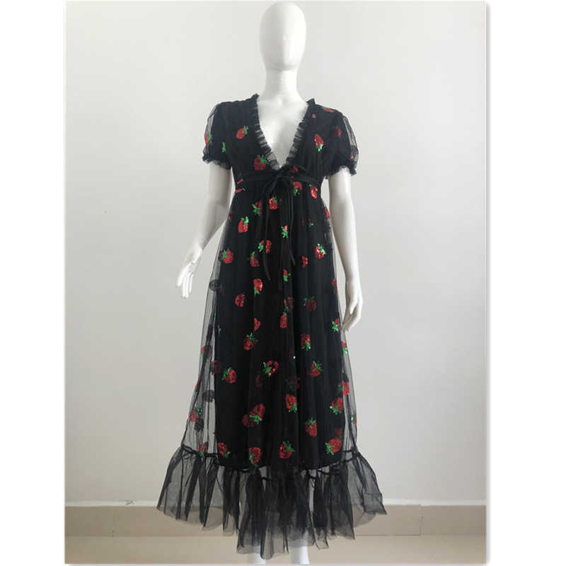 Sweet Strawberry Sequined Embroidery Cascading Ruffle Maxi Dress Women Summer V-Neck Puff Sleeve Bow Pink Tulle Mesh Long Dress 210630