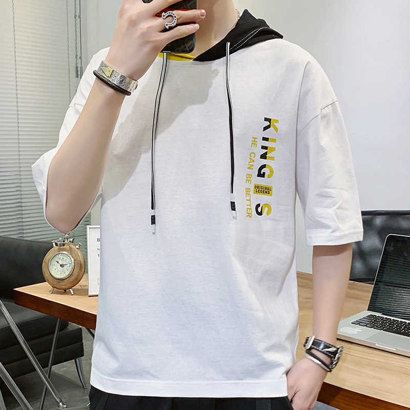 Summer Men Tshirt Casual Tops Tee Shirts Patchwork Loose Hooded Male Streewear Hoodie Half Sleeve T-shirt Pullover Clothing 210603