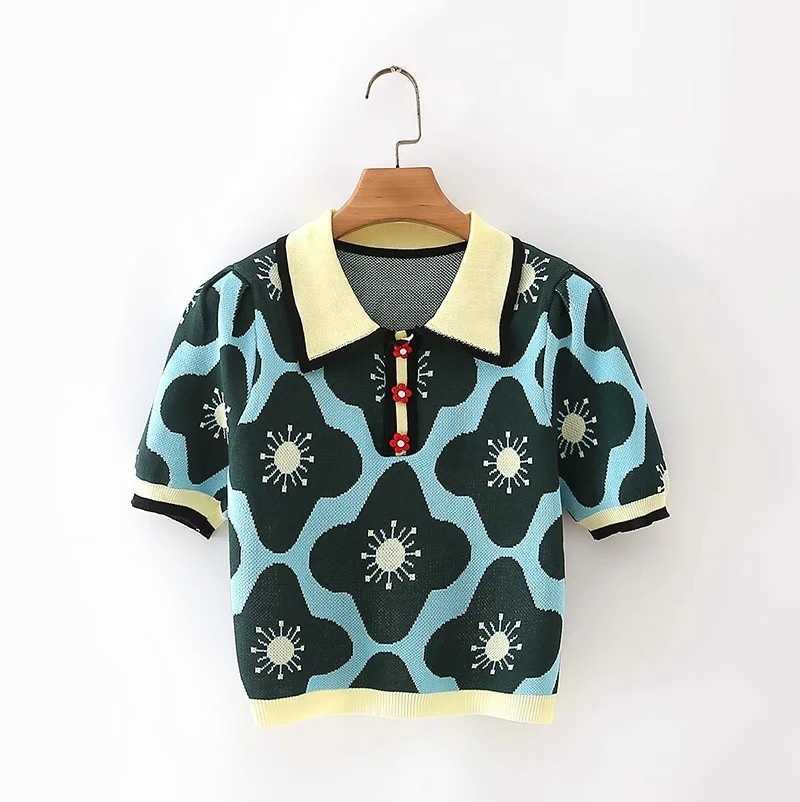 OMCHION College Style Lapel Crocheted Flower Sweater Top 2021 Summer Y2K Short Sleeve Chic Women's Loose T-shirt Knitwear BE43 Y0621