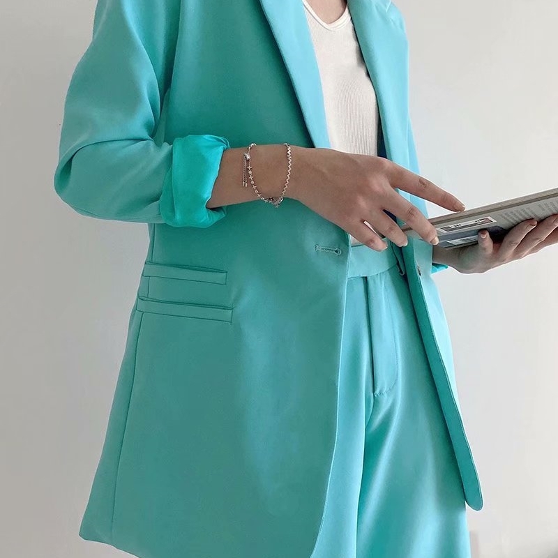 elegant women blue blazer office ladies pocket jackets casual female single button suits slim girls chic sets 210430