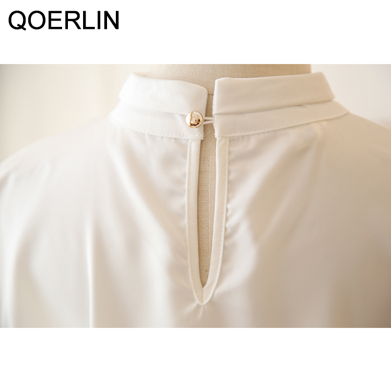 QOERLIN OL Style Ladies Temperament Beaded Solid White Shirt Top Korean Fashion Stand Collar Long Sleeve Workwear Blouse Plus 210412