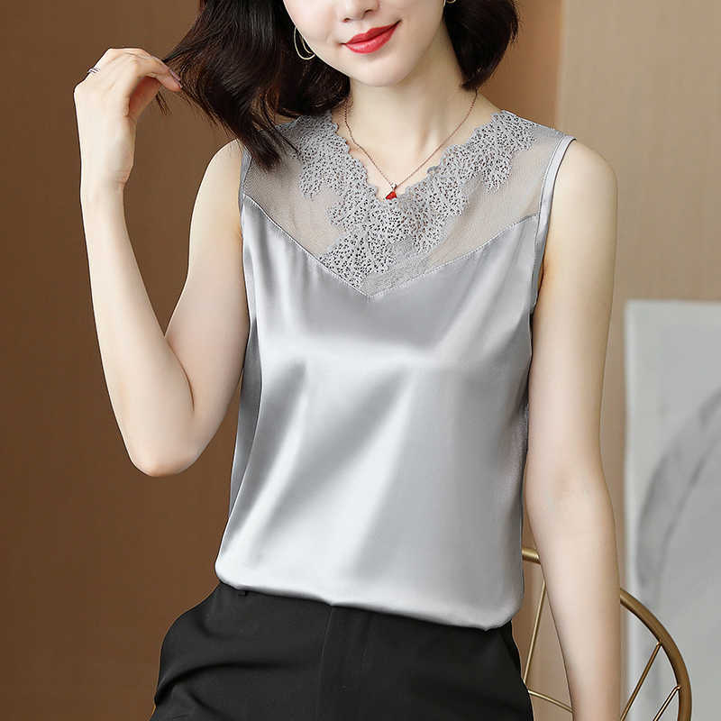 Korean Fashion Satin Tank Top Women Lace Sleeveless Plus Size XXXL/5XL Office Lady 210531