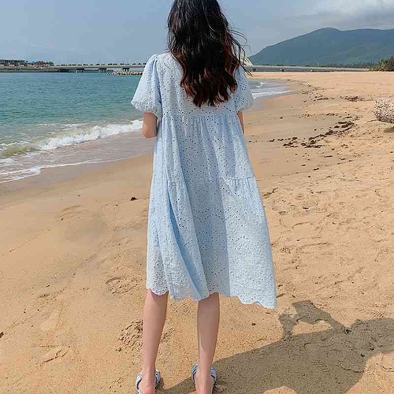 Blue Lace Dress Summer Cotton O-Neck Hollow Out Loose Dresses Bohemian Party Vestidos Robe Femme Sundress 210520