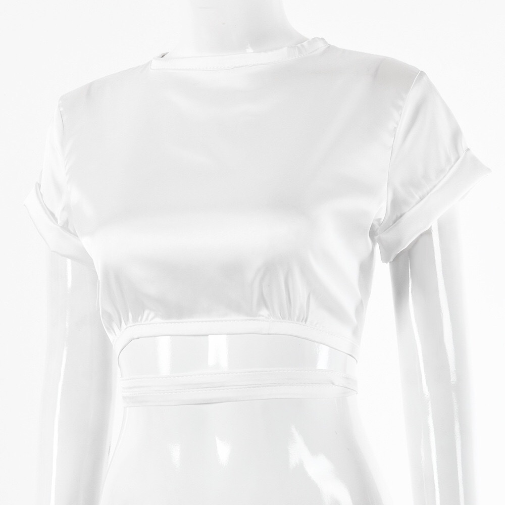 Harajuku Lacing up Bandage Satin T-shirt Woman Short Sleeve Crop Tops Tees Hollow Out Backless T Shirt Y2K Streetwear 210429