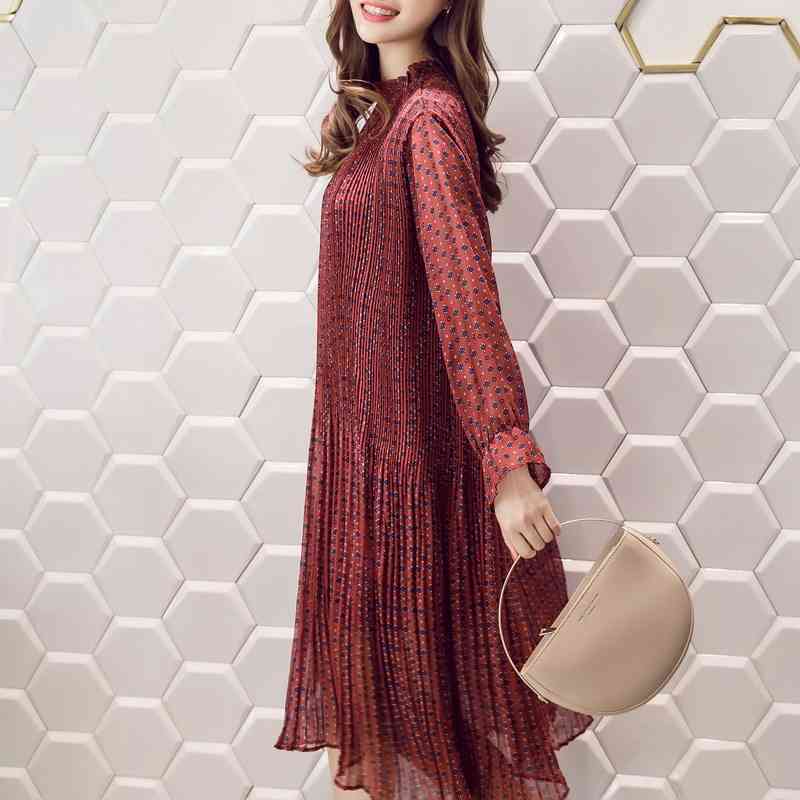 Women chiffon dress autumn winter female elegant vintage long sleeve printed pleated office lady casual loose es 210423