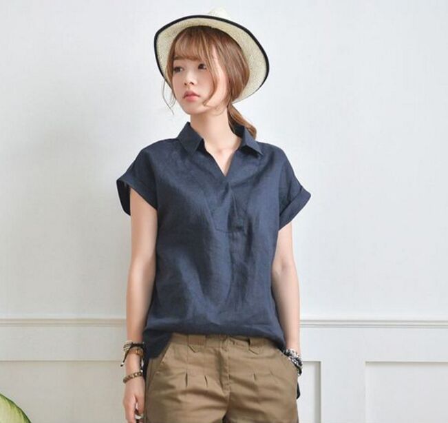 Women Casual Summer V-neck Cotton Linen Blouse short sleeves loose Shirt blusas fashion Plus Size 210518