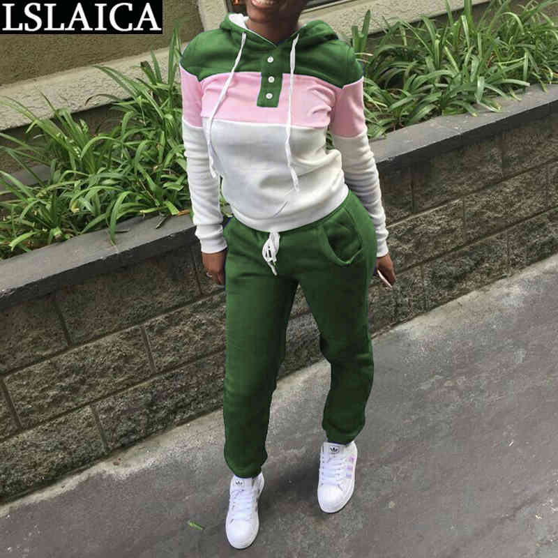 Two-piece Fashion Casual Sports Stitching Thickened Sweater Suit Elastic Waist Hooded Sweatshirt&woman Pants 210520