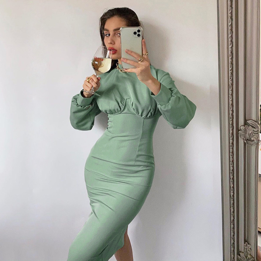Foridol vintage knitted bodycon winter dress women elegant lantern sleeve long maxi autumn green dress party ladies dress 210415