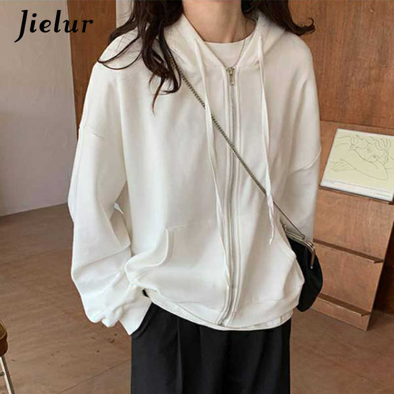 Jielur Chic Zipper Female Sweatshirt Hooded Pullovers Soild Color Hoodies Autumn Loose Harajuku Women Tracksuit White M-2Xl 210910