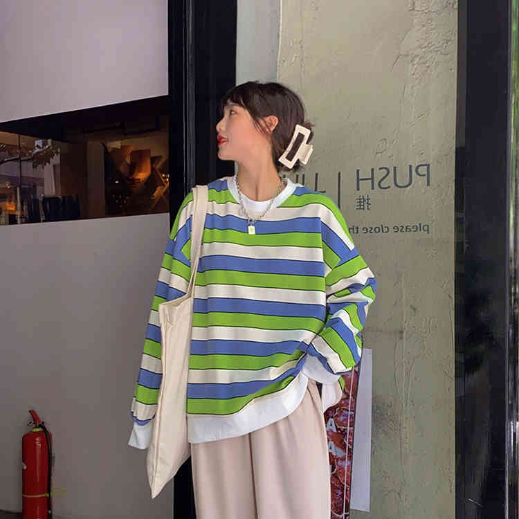 autumn korean style color patchwork Women Sweatshirts Long Sleeve stripe loose thin Sweatshirt Womens pullovers (F4101) 210423