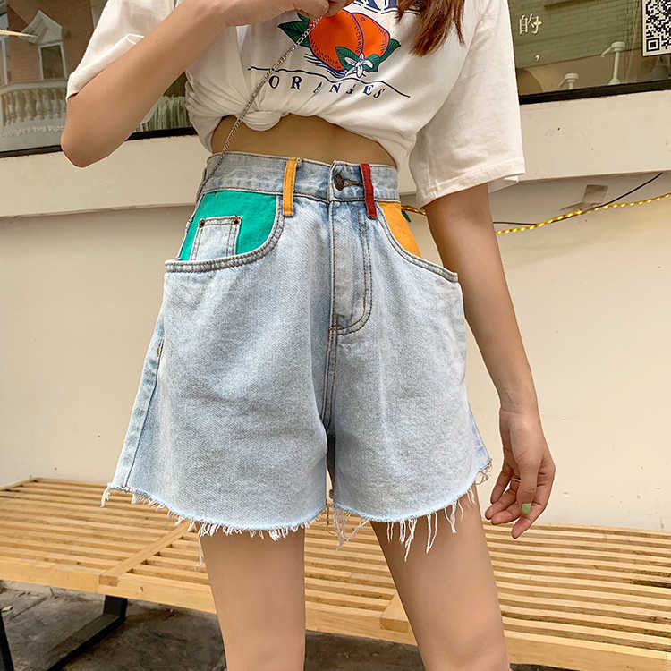 SML preppy style high Waist Denim Shorts jeans for Women Summer Ladies color patchwork pocket womens (F6379) 210724