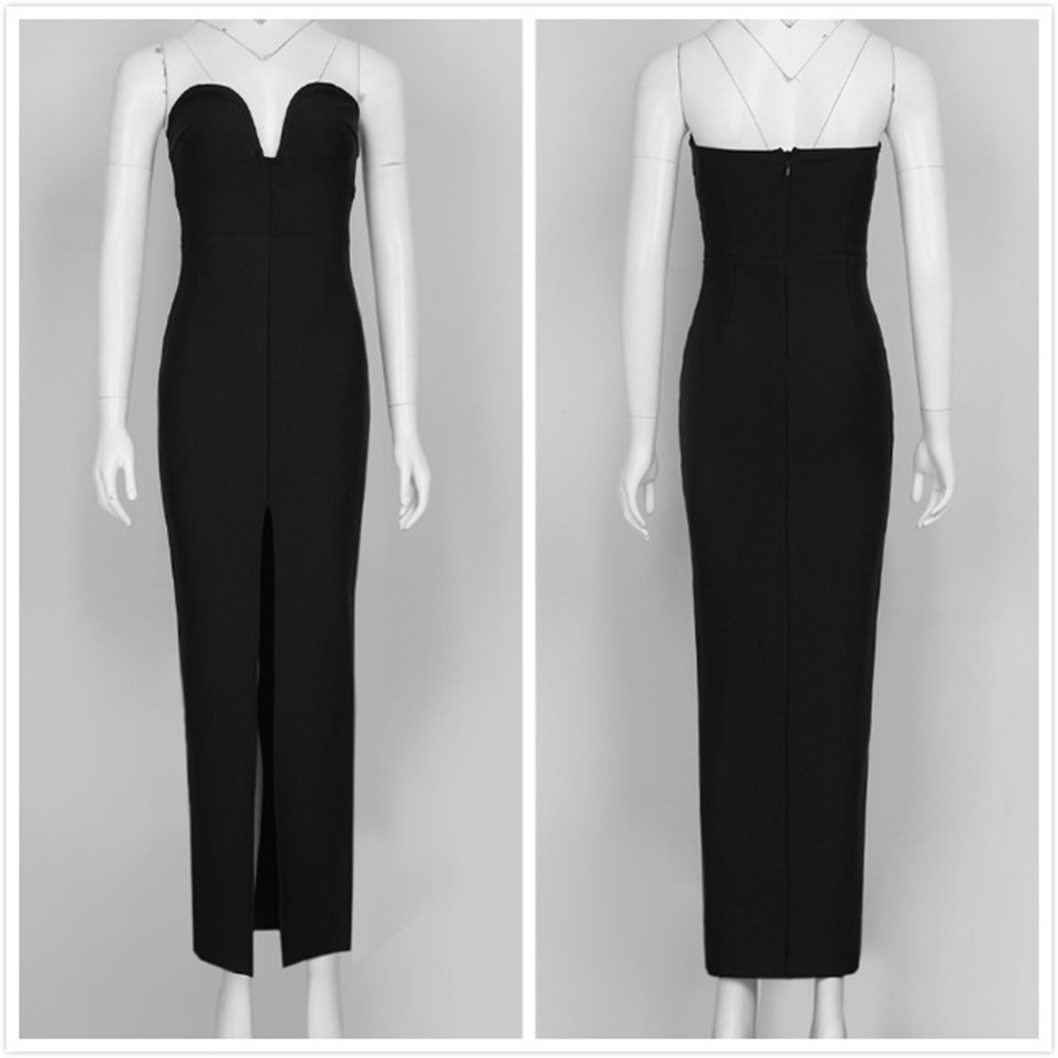 Free Women's Black Bandage Long Dress Sexy V-neck Wrapped Chest Bodycon Split Club Runway Party Vestidos 210524