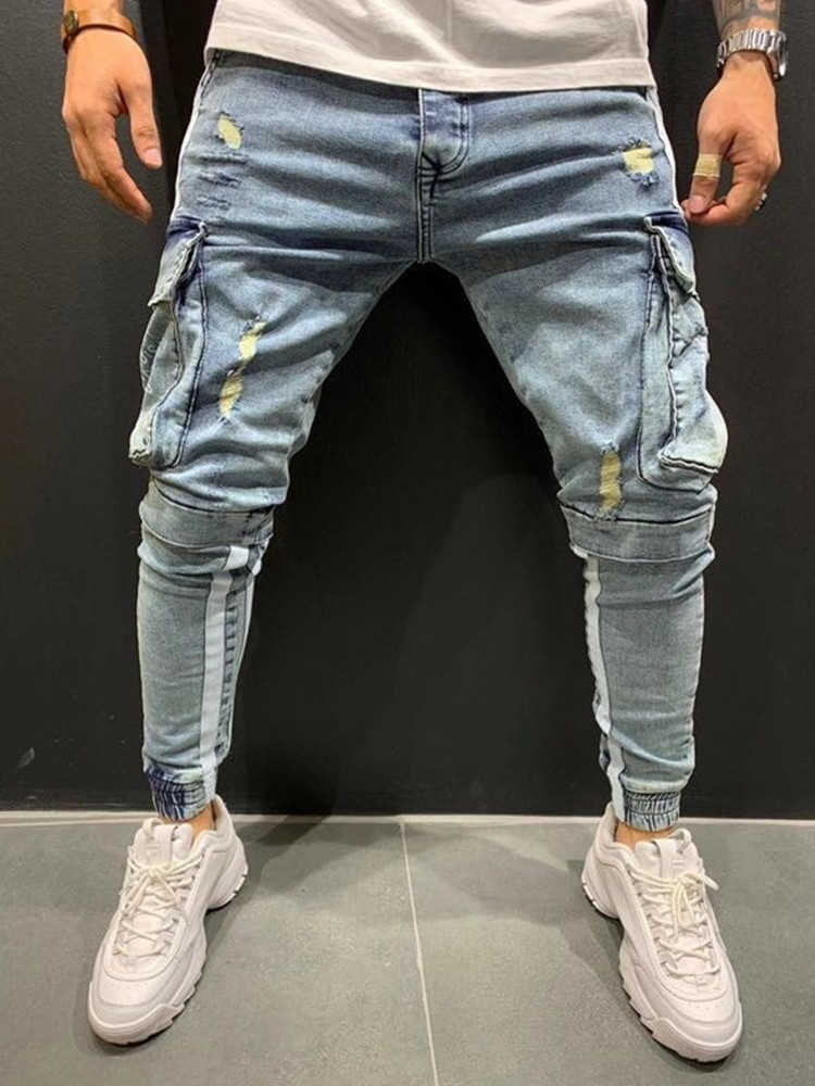 Fashion Men's Jeans Autunn Three-Dimensional Large Pockets Vertical Splice Pencil Pants Casual Loose Street Motorcycle Trousers X0621
