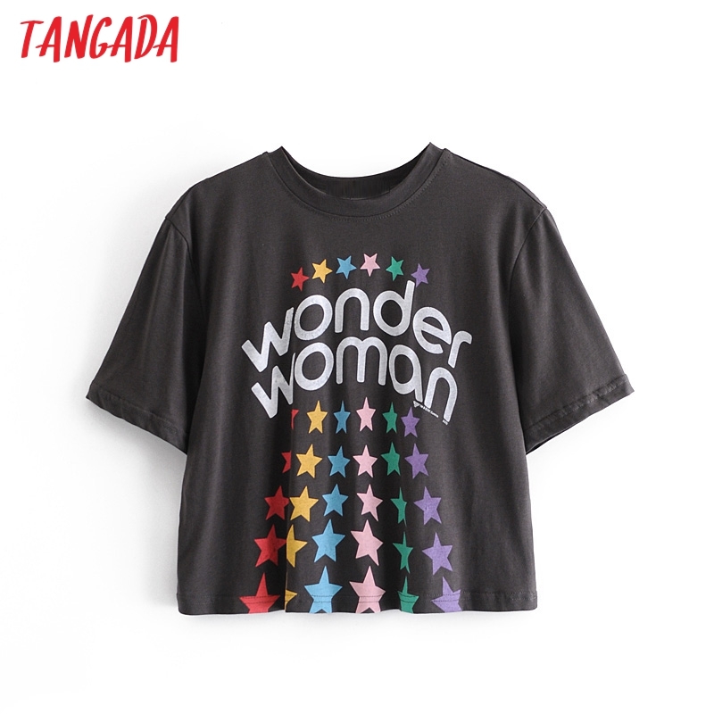 Women Star Print Crop Cotton T Short Sleeve Summer Ladies Casual Tee Shirt Street Wear Top 4D06 210416