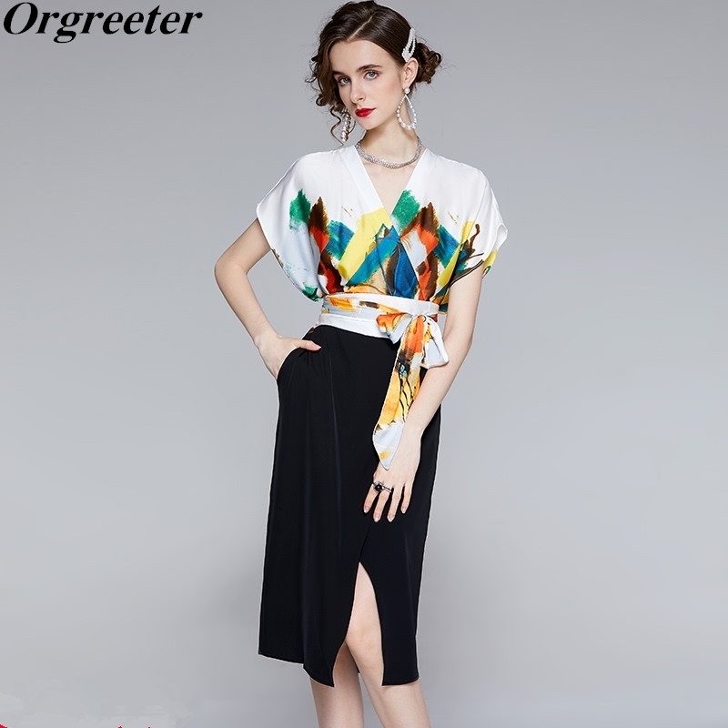 Elegant OL Summer Dress Women Ink Painting Stitching V-neck Split Pencil Female Sashes Lace-up 210525, Black
Elegant OL Summer Dress Women Ink Painting Stitching V-neck Split Pencil Female Sashes Lace-up 210525, Black